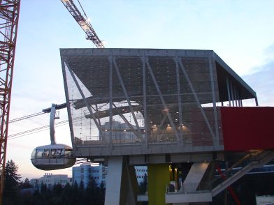 The top terminal of the Portland Aerial Tram is suspended 140 feet above the ground.