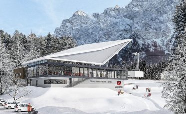 Winter view of the bottom terminal for the new Eibsee Cable Car.  Photo credit: Bayerische Zugspitzbahn Bergbahn AG