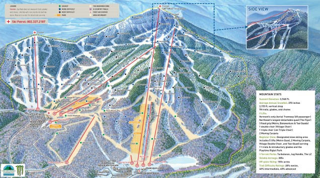The Jay Peak Tram provides the only access to the mountain's summit but most terrain can be accessed from other lifts.